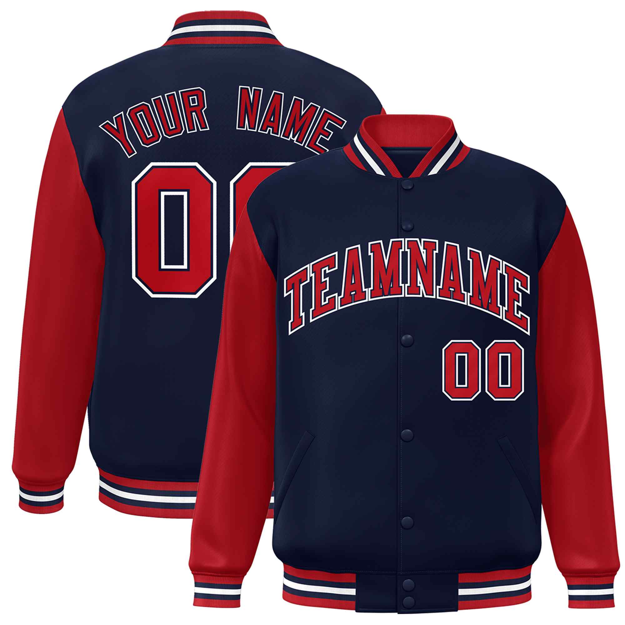 Veste Letterman universitaire à manches raglan rouge-marine personnalisée