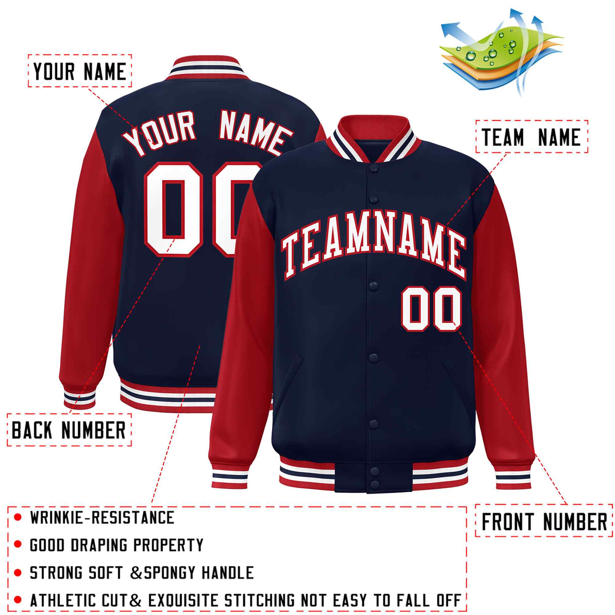 Custom Navy White-Red Raglan Sleeves Varsity Full-Snap Letterman Jacket