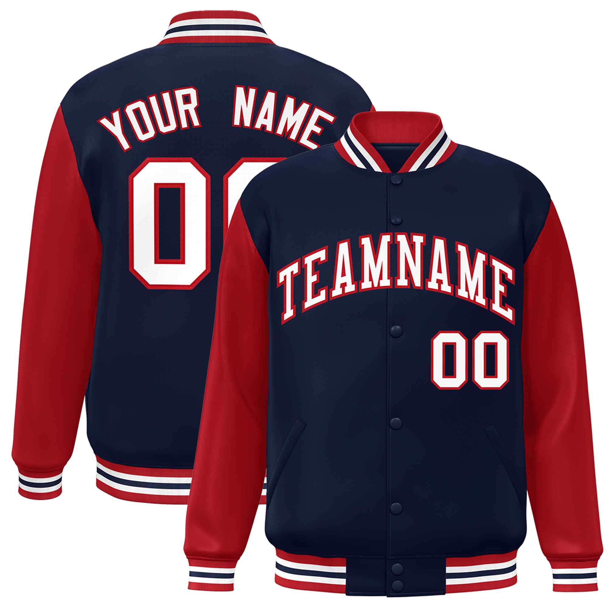 Custom Navy White-Red Raglan Sleeves Varsity Full-Snap Letterman Jacket