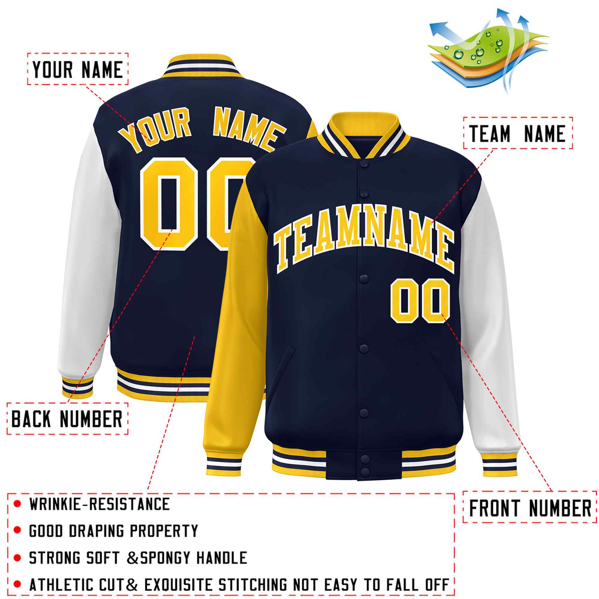 Custom Navy Gold-White Raglan Sleeves Varsity Full-Snap Letterman Jacket