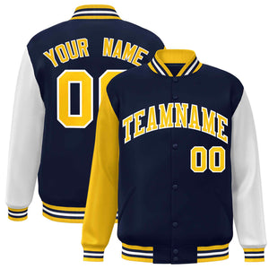 Custom Navy Gold-White Raglan Sleeves Varsity Full-Snap Letterman Jacket