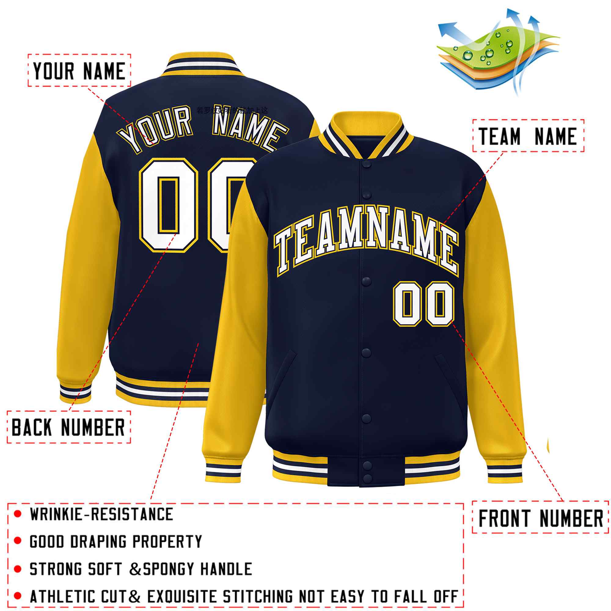 Custom Navy White-Navy Raglan Sleeves Varsity Full-Snap Letterman Jacket