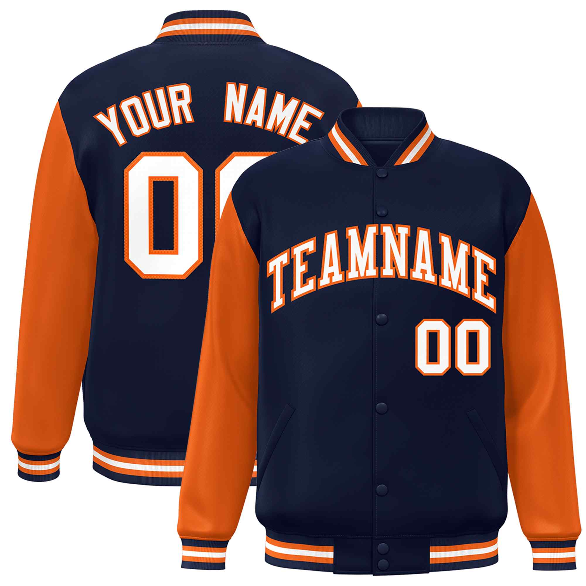 Custom Navy White-Orange Raglan Sleeves Varsity Full-Snap Letterman Jacket