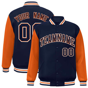 Veste Letterman Varsity Full-Snap à manches raglan bleu marine-orange personnalisée