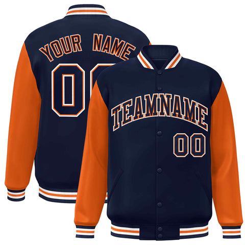 Custom Navy Navy-Orange Raglan Sleeves Varsity Full-Snap Letterman Jacket