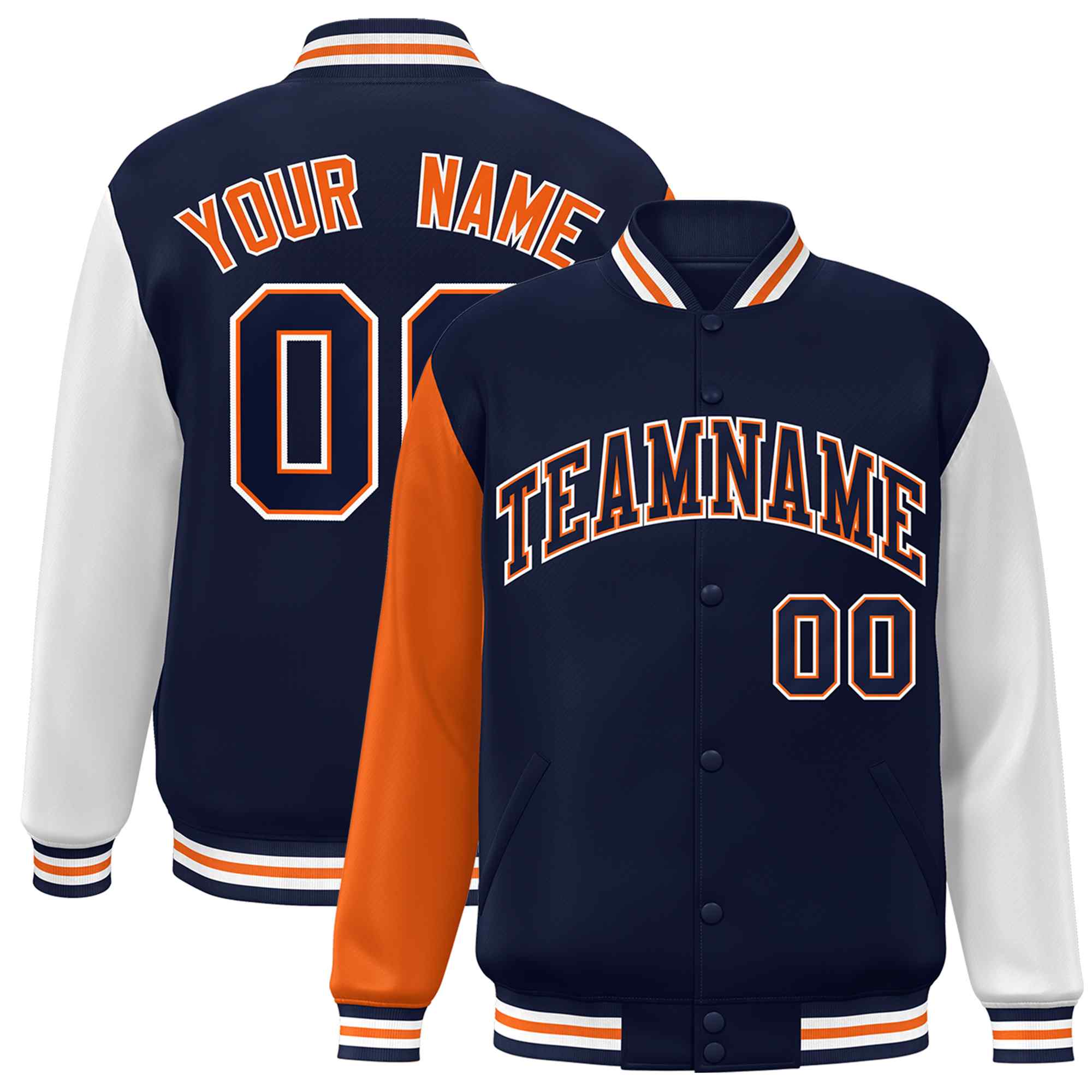 Veste Letterman Varsity Full-Snap à manches raglan bleu marine-orange personnalisée