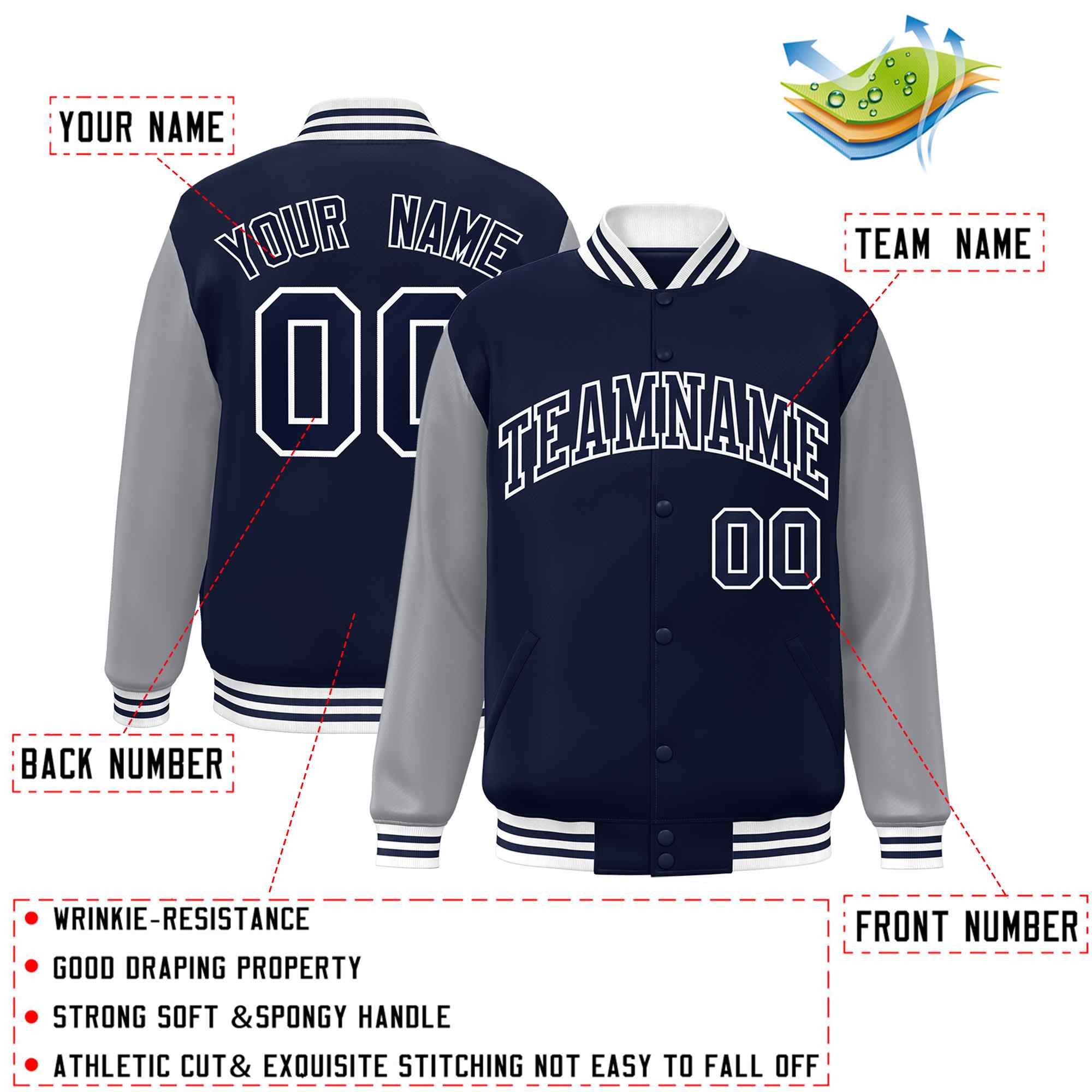 Custom Navy Navy-White Raglan Sleeves Varsity Full-Snap Letterman Jacket