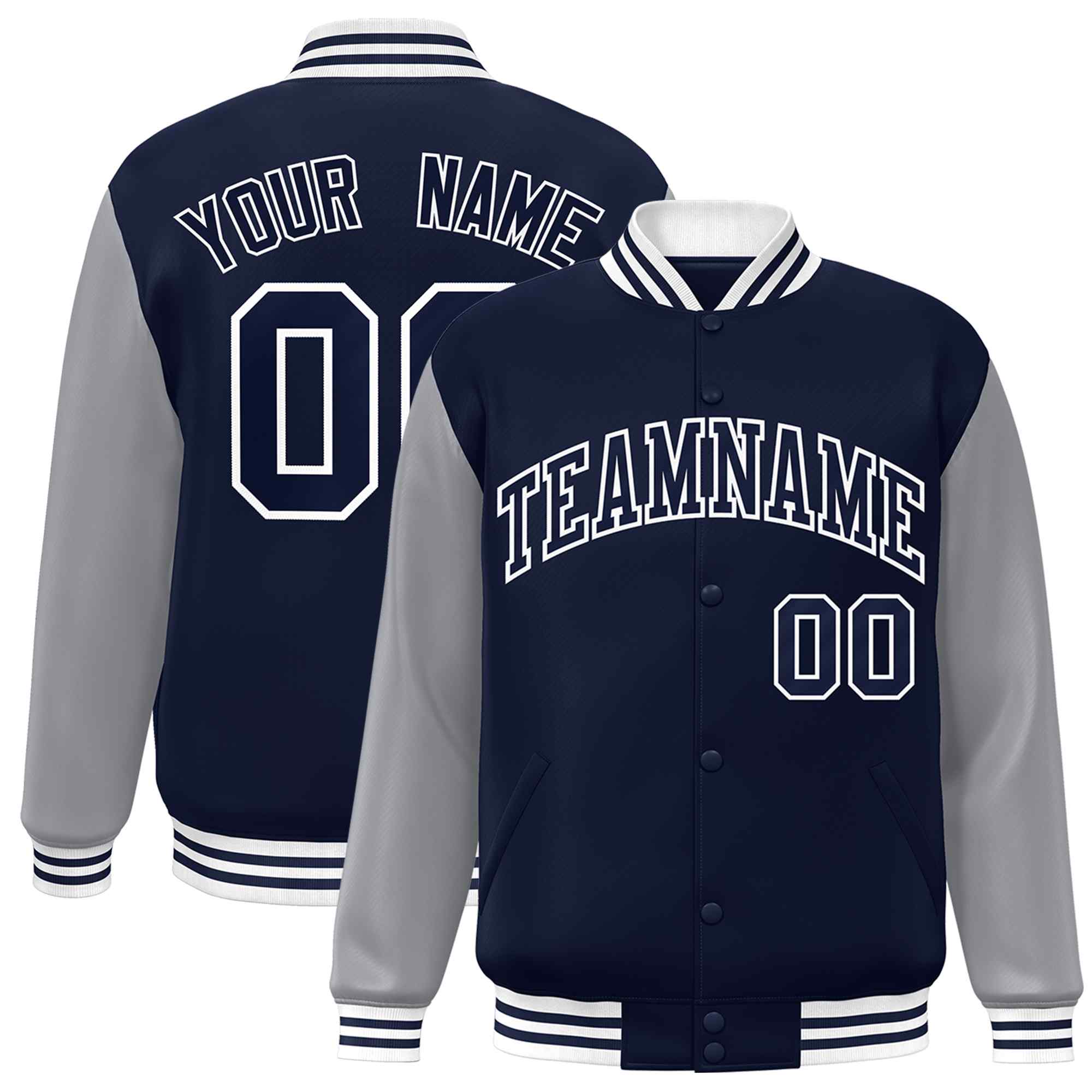 Custom Navy Navy-White Raglan Sleeves Varsity Full-Snap Letterman Jacket