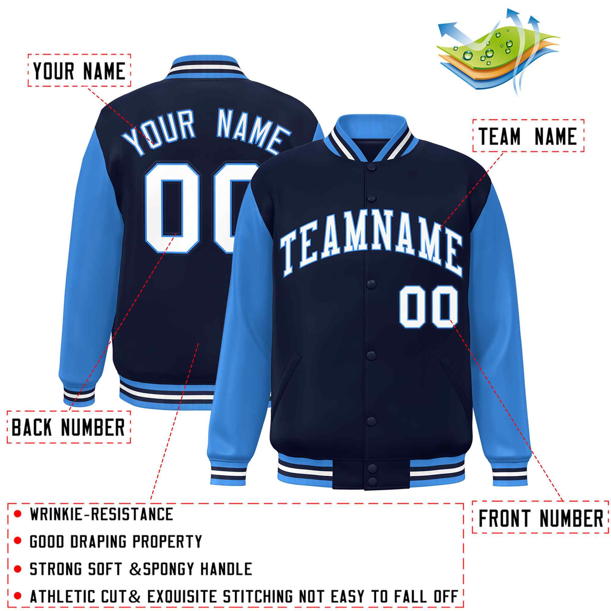 Custom Navy White-Powder Blue Raglan Sleeves Varsity Full-Snap Letterman Jacket