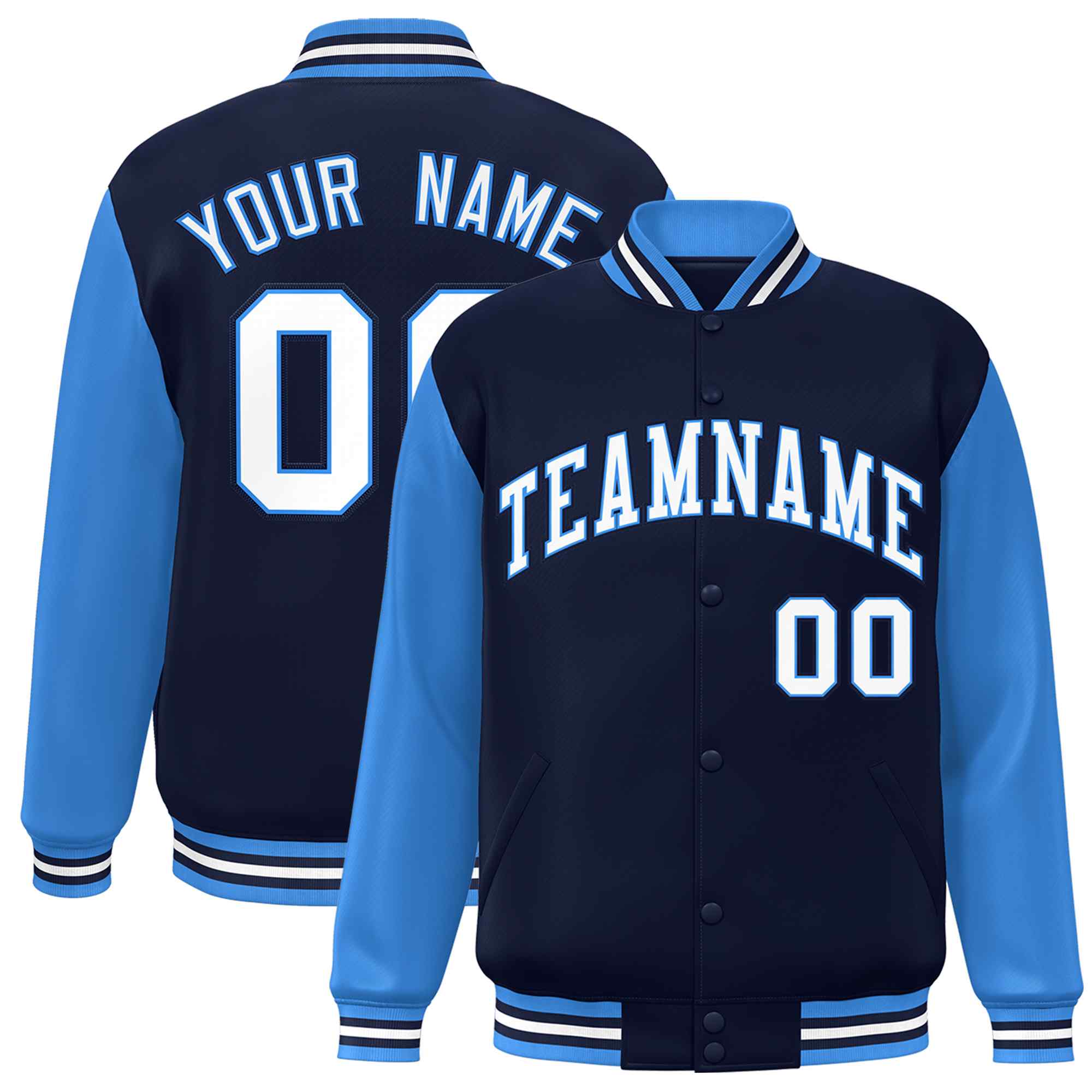 Custom Navy White-Powder Blue Raglan Sleeves Varsity Full-Snap Letterman Jacket