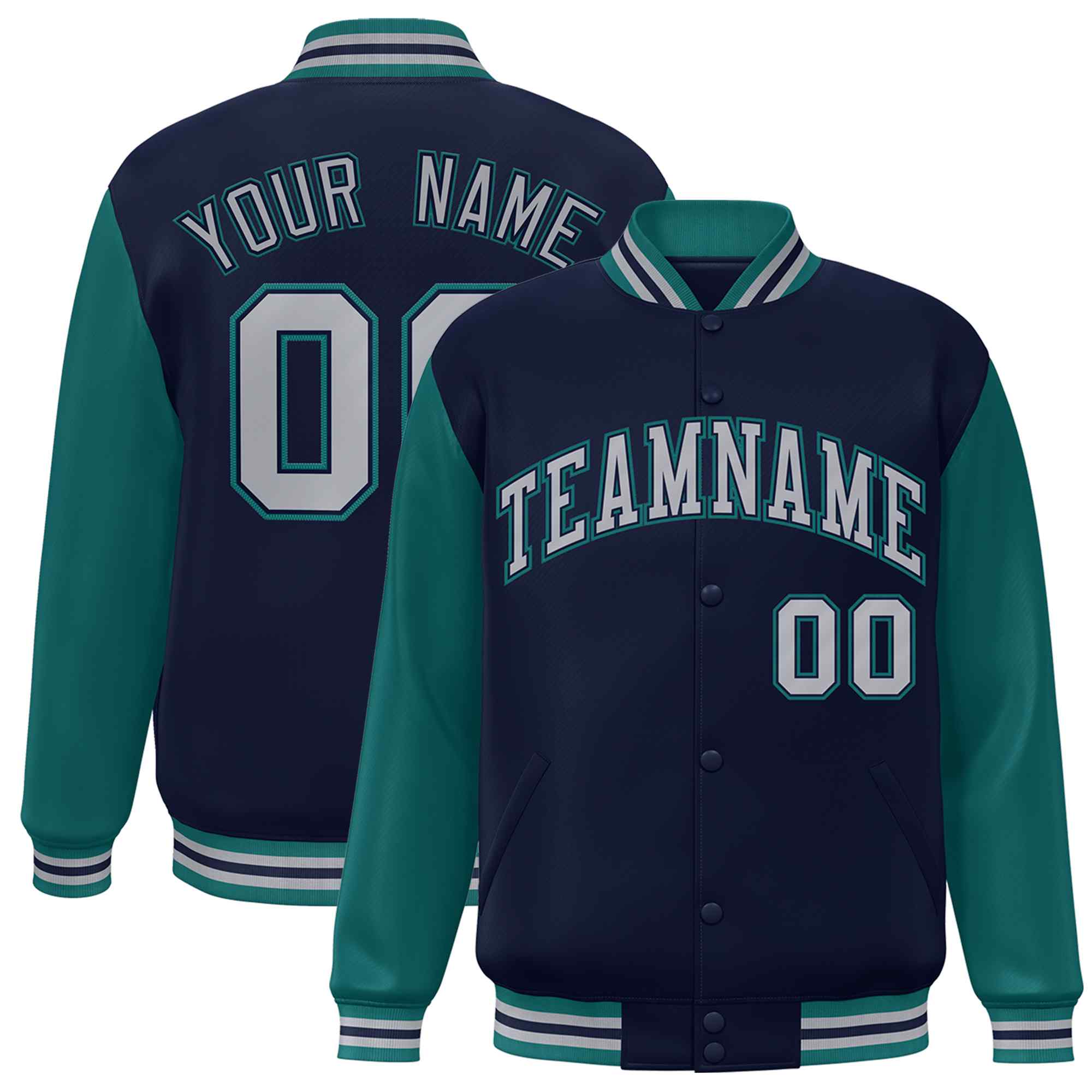 Custom Navy Gray-Navy Raglan Sleeves Varsity Full-Snap Letterman Jacket