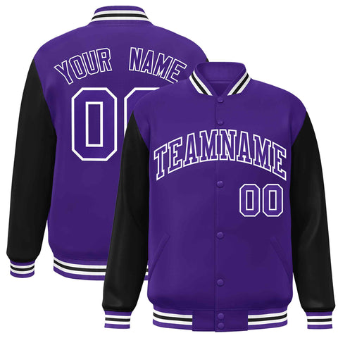 Custom Purple Purple-White Raglan Sleeves Varsity Full-Snap Letterman Jacket