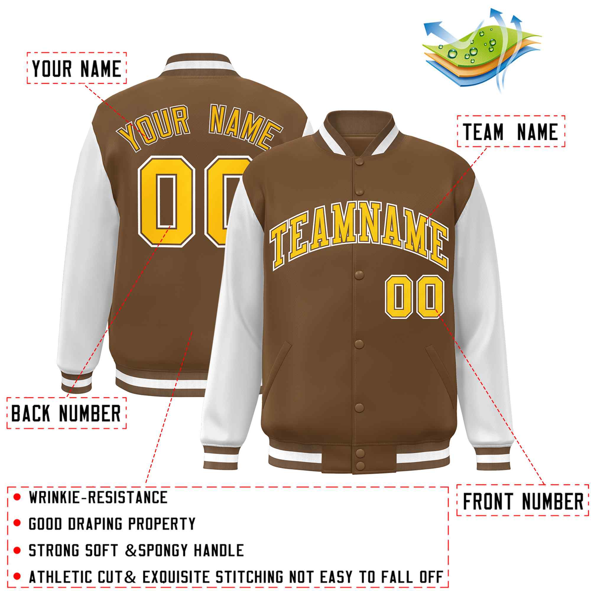 Custom Light Brown Gold-White Raglan Sleeves Varsity Full-Snap Letterman Jacket