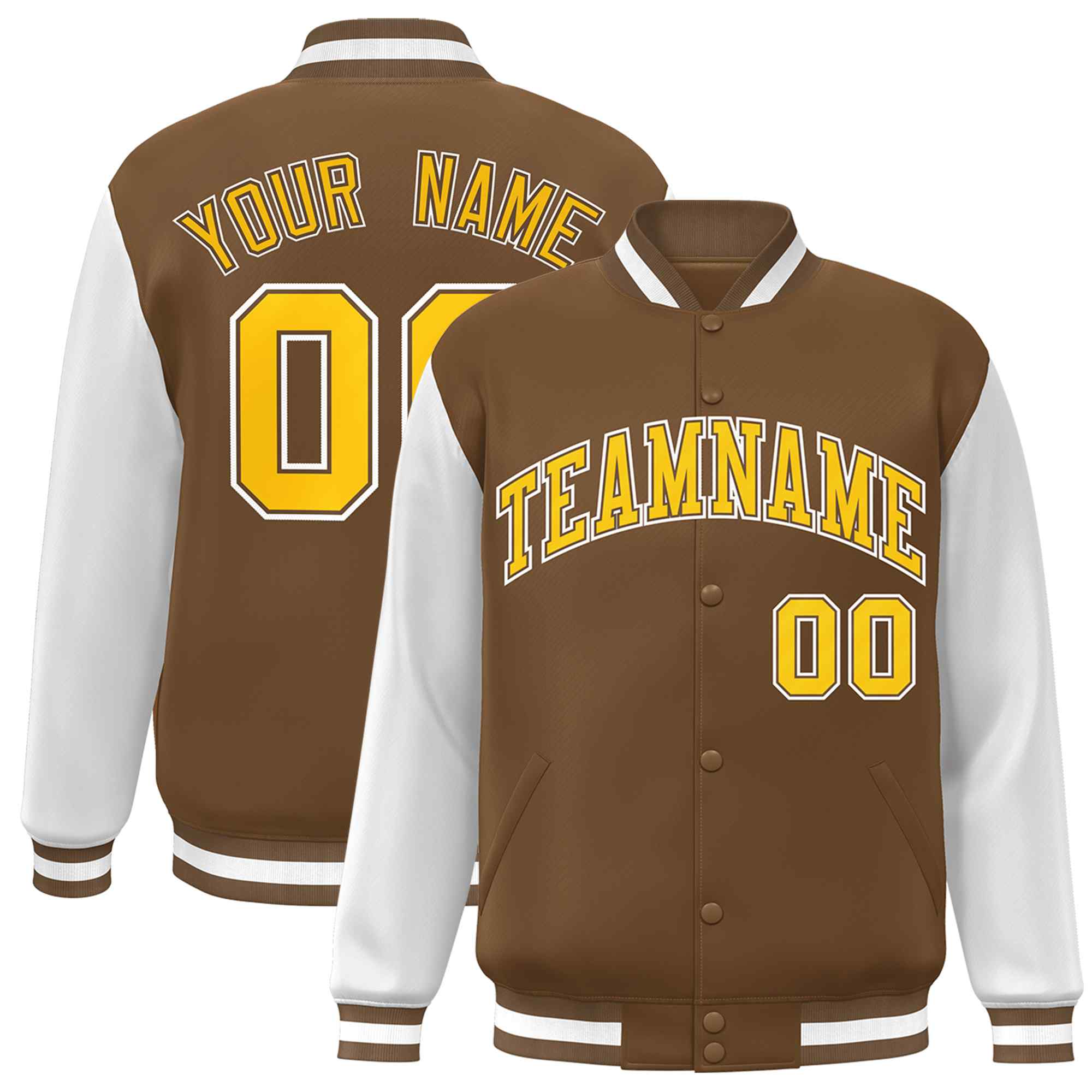 Custom Light Brown Gold-White Raglan Sleeves Varsity Full-Snap Letterman Jacket