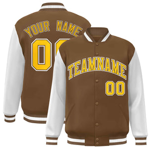 Veste Letterman universitaire à manches raglan marron clair et blanc personnalisée