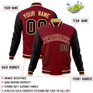 Custom Crimson Crimson-Khaki Raglan Sleeves Varsity Full-Snap Letterman Jacket