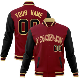 Custom Crimson Crimson-Khaki Raglan Sleeves Varsity Full-Snap Letterman Jacket