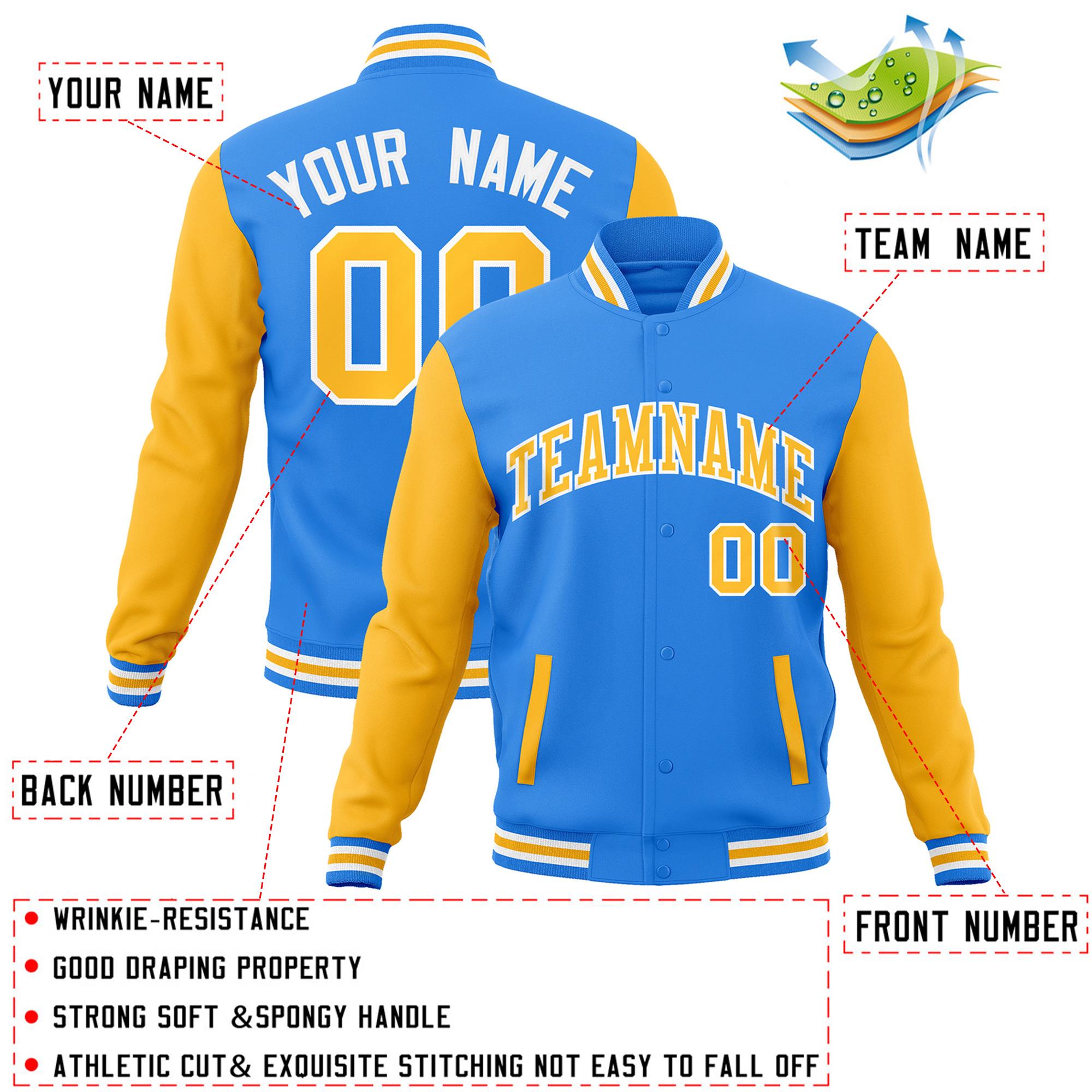 Custom Powder Blue Yellow-White Raglan Sleeves Varsity Full-Snap Letterman Jacket