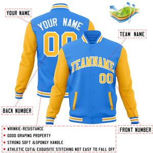 Custom Powder Blue Yellow-White Raglan Sleeves Varsity Full-Snap Letterman Jacket