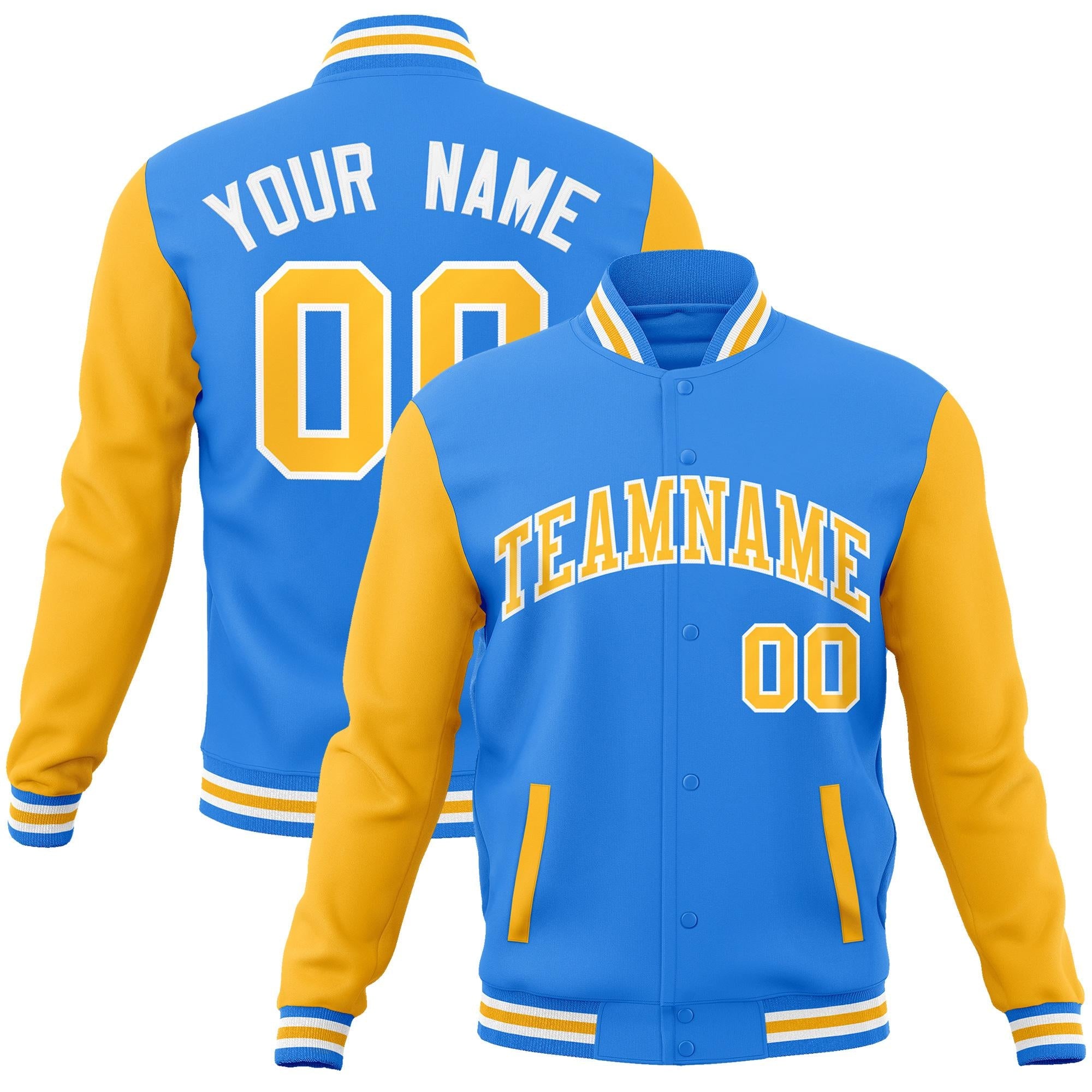 Custom Powder Blue Yellow-White Raglan Sleeves Varsity Full-Snap Letterman Jacket