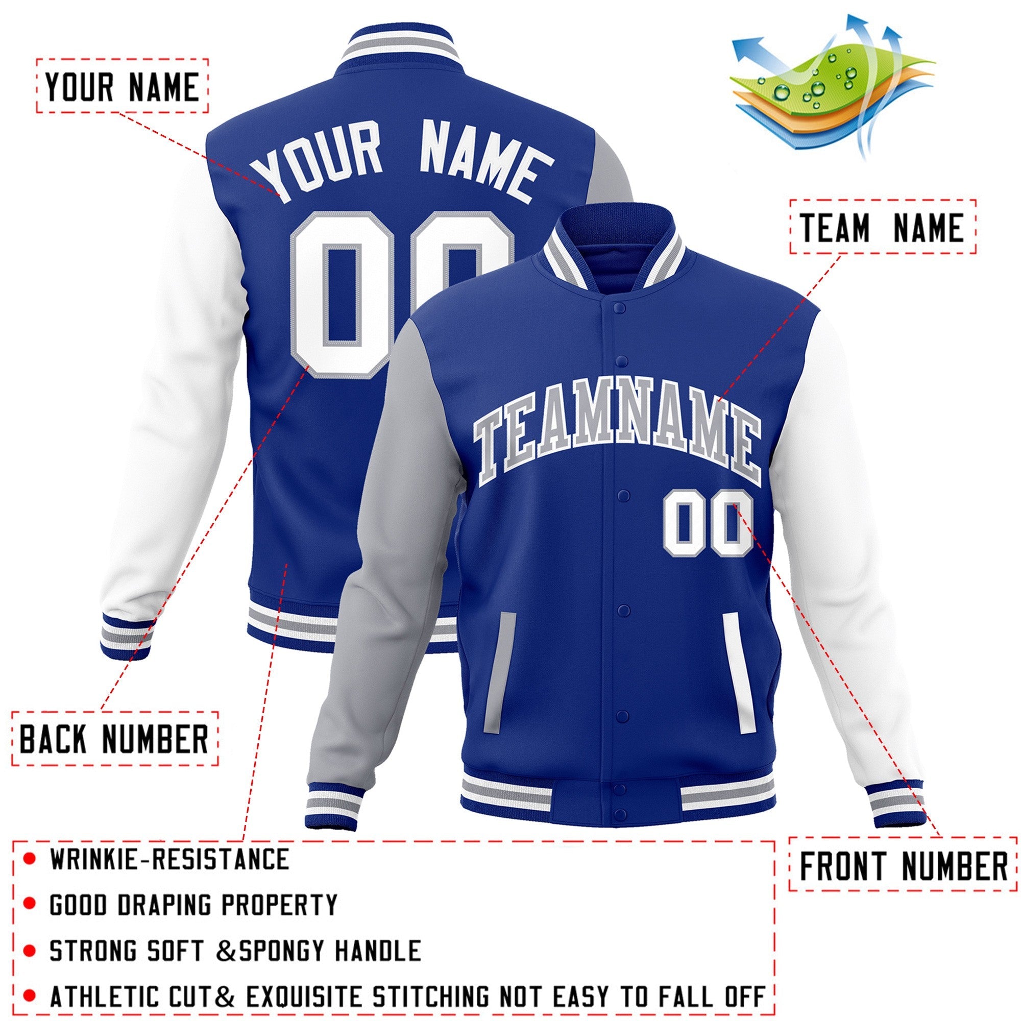 Custom Royal Gray-White Raglan Sleeves Varsity Full-Snap Letterman Jacket