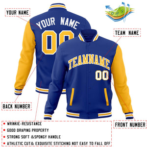 Custom Royal Yellow-White Raglan Sleeves Varsity Full-Snap Letterman Jacket