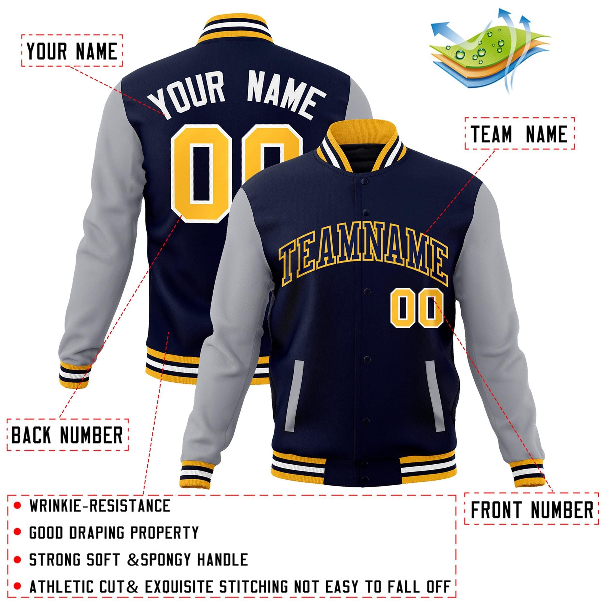 Custom Navy Navy-Yellow Raglan Sleeves Varsity Full-Snap Letterman Jacket