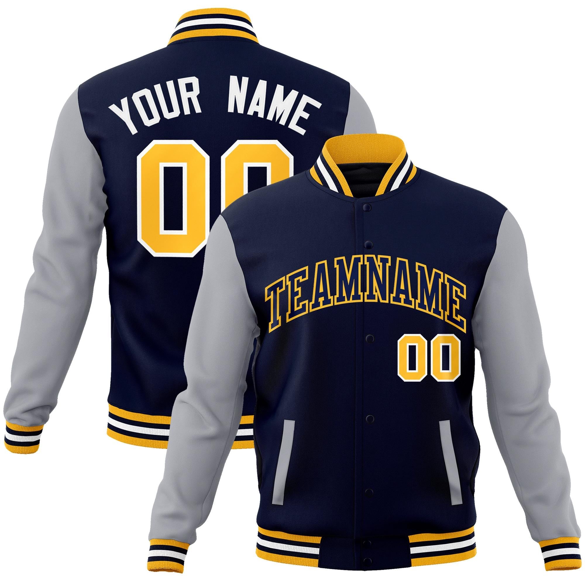 Custom Navy Navy-Yellow Raglan Sleeves Varsity Full-Snap Letterman Jacket