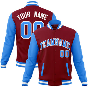 Custom Crimson Powder Blue-White Raglan Sleeves Varsity Full-Snap Letterman Jacket