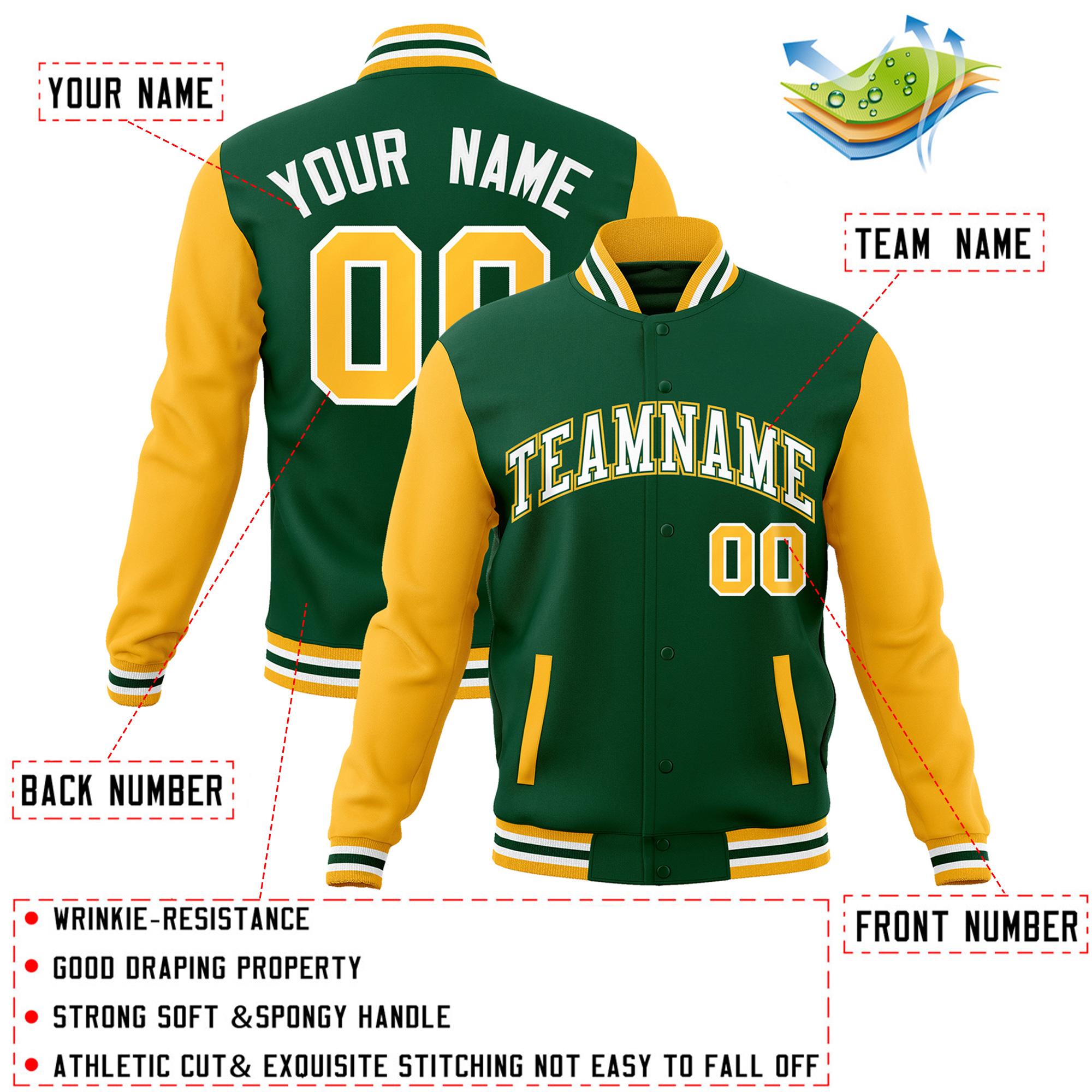 Veste Letterman Varsity Full-Snap à manches raglan vert blanc-vert personnalisée