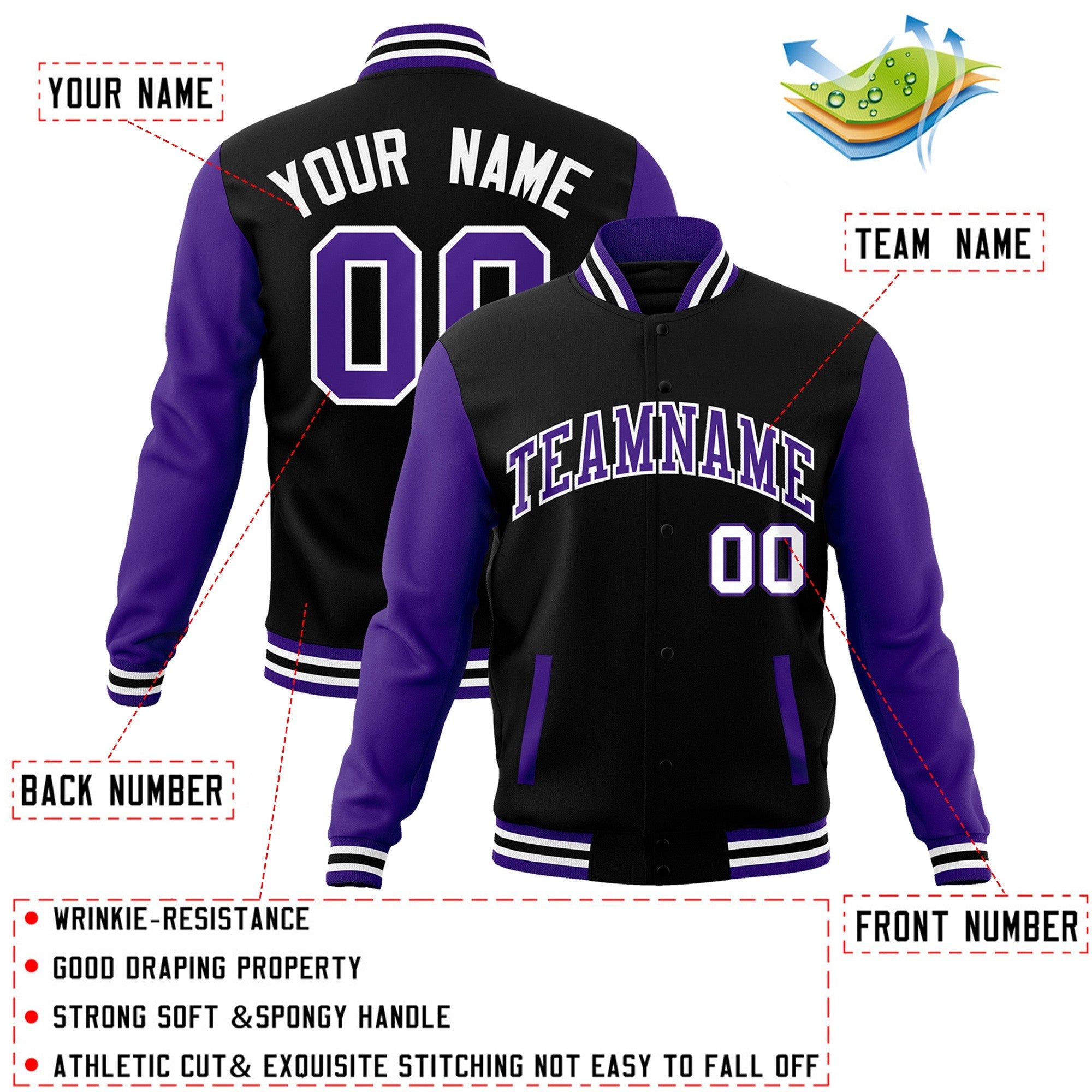 Veste Letterman Varsity Full-Snap à manches raglan personnalisées noir violet-blanc