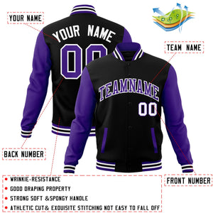 Veste Letterman Varsity Full-Snap à manches raglan personnalisées noir violet-blanc