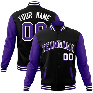 Veste Letterman Varsity Full-Snap à manches raglan personnalisées noir violet-blanc