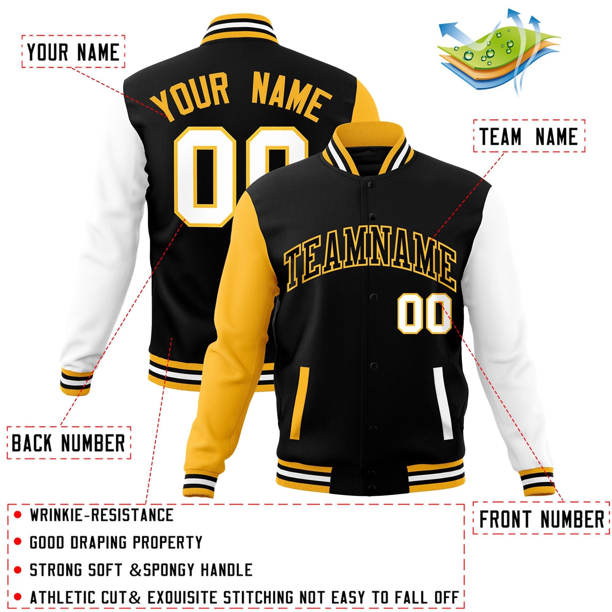 Custom Black Black-Yellow Raglan Sleeves Varsity Full-Snap Letterman Jacket