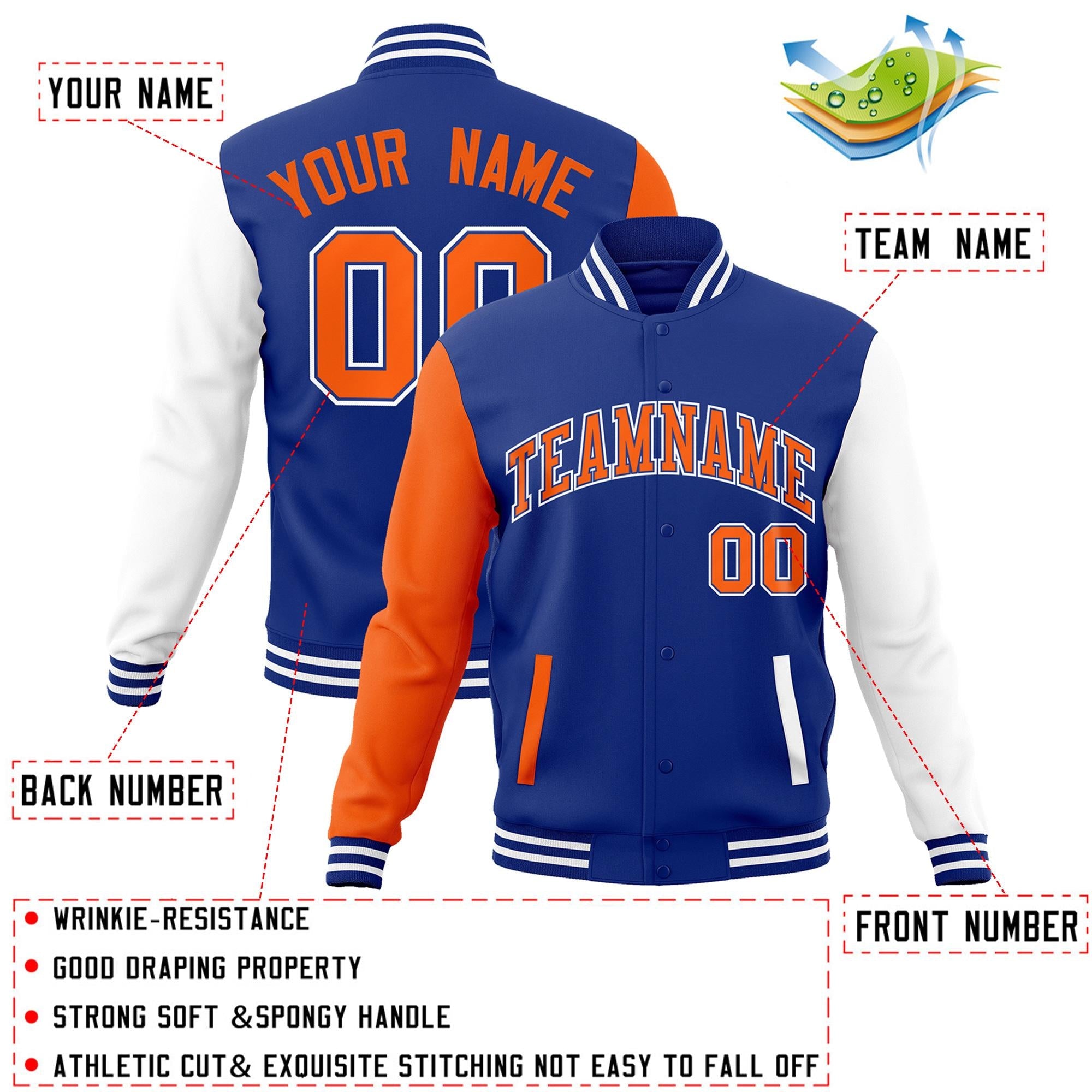 Custom Royal Orange-Royal Raglan Sleeves Varsity Full-Snap Letterman Jacket