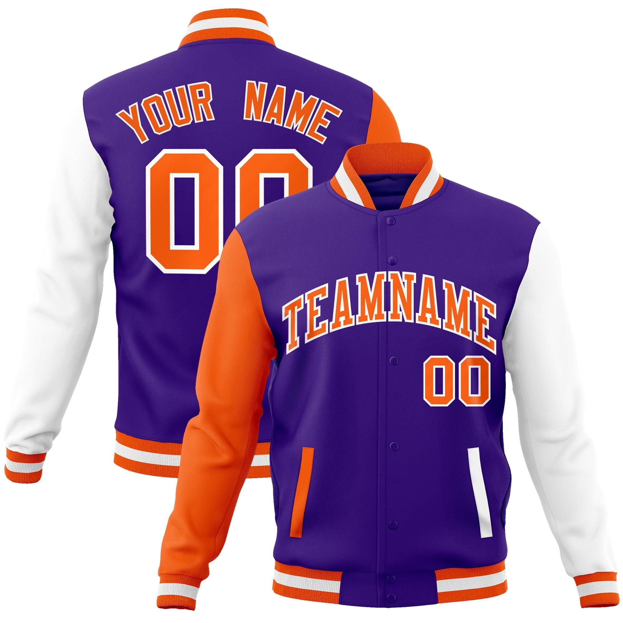 Custom Purple Orange-White Raglan Sleeves Varsity Full-Snap Letterman Jacket