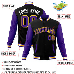 Custom Black Purple-Yellow Raglan Sleeves Varsity Full-Snap Letterman Jacket