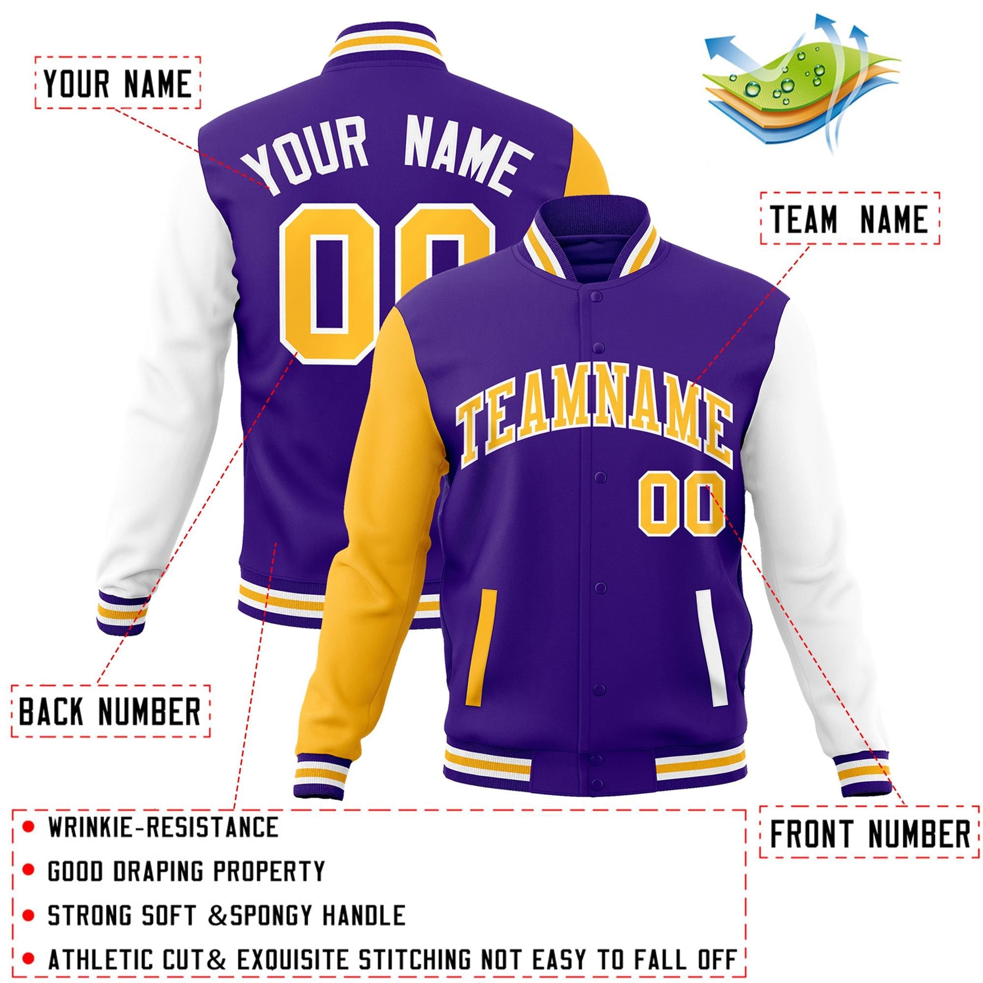 Custom Purple Yellow-White Raglan Sleeves Varsity Full-Snap Letterman Jacket