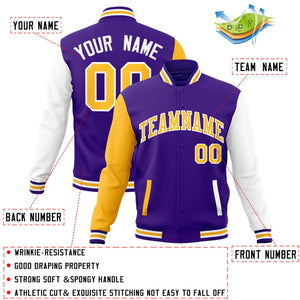 Custom Purple Yellow-White Raglan Sleeves Varsity Full-Snap Letterman Jacket