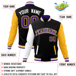 Veste Letterman Varsity Full-Snap à manches raglan personnalisées noir violet-blanc