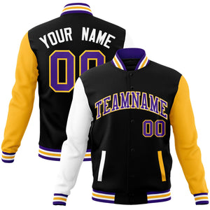 Custom Black Purple-White Raglan Sleeves Varsity Full-Snap Letterman Jacket