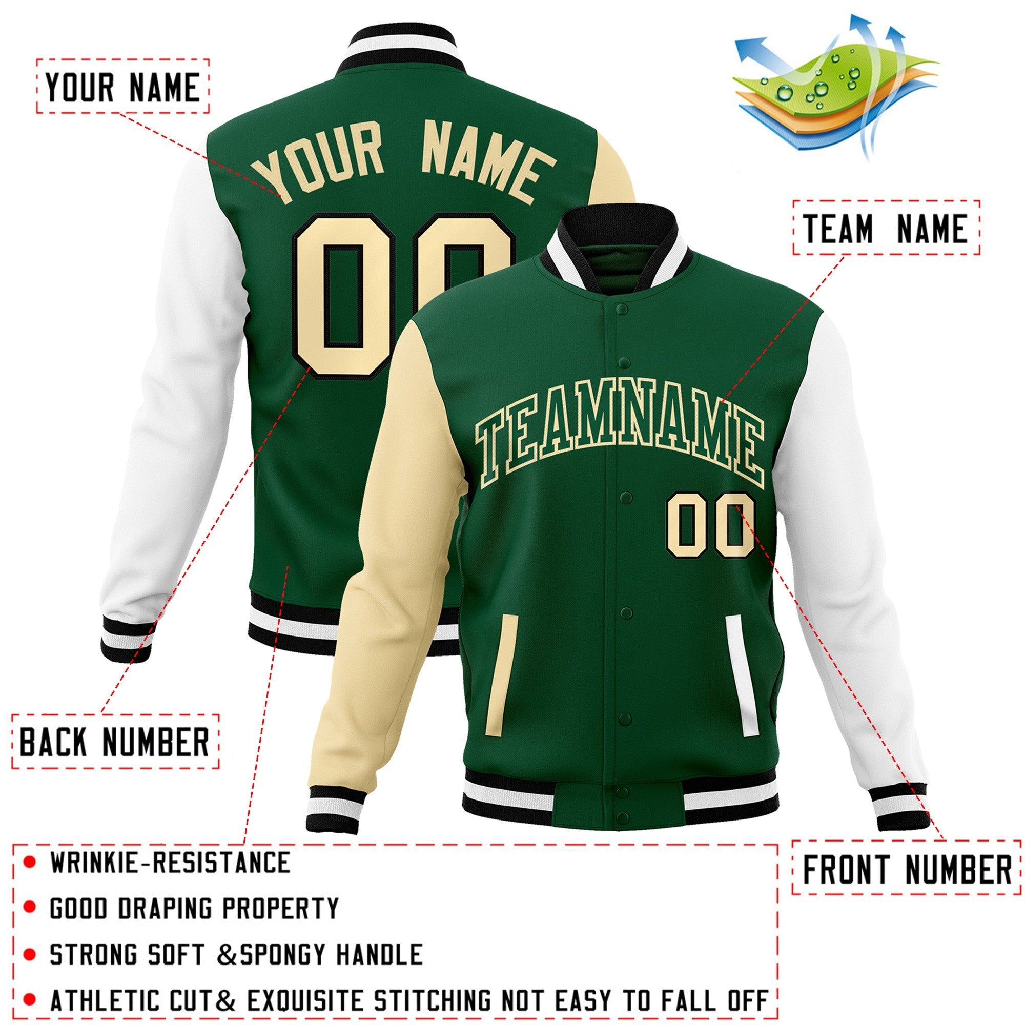 Veste Letterman Varsity Full-Snap à manches raglan vert-kaki personnalisée