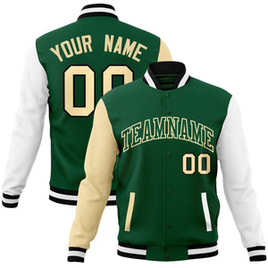 Custom Green Green-Khaki Raglan Sleeves Varsity Full-Snap Letterman Jacket