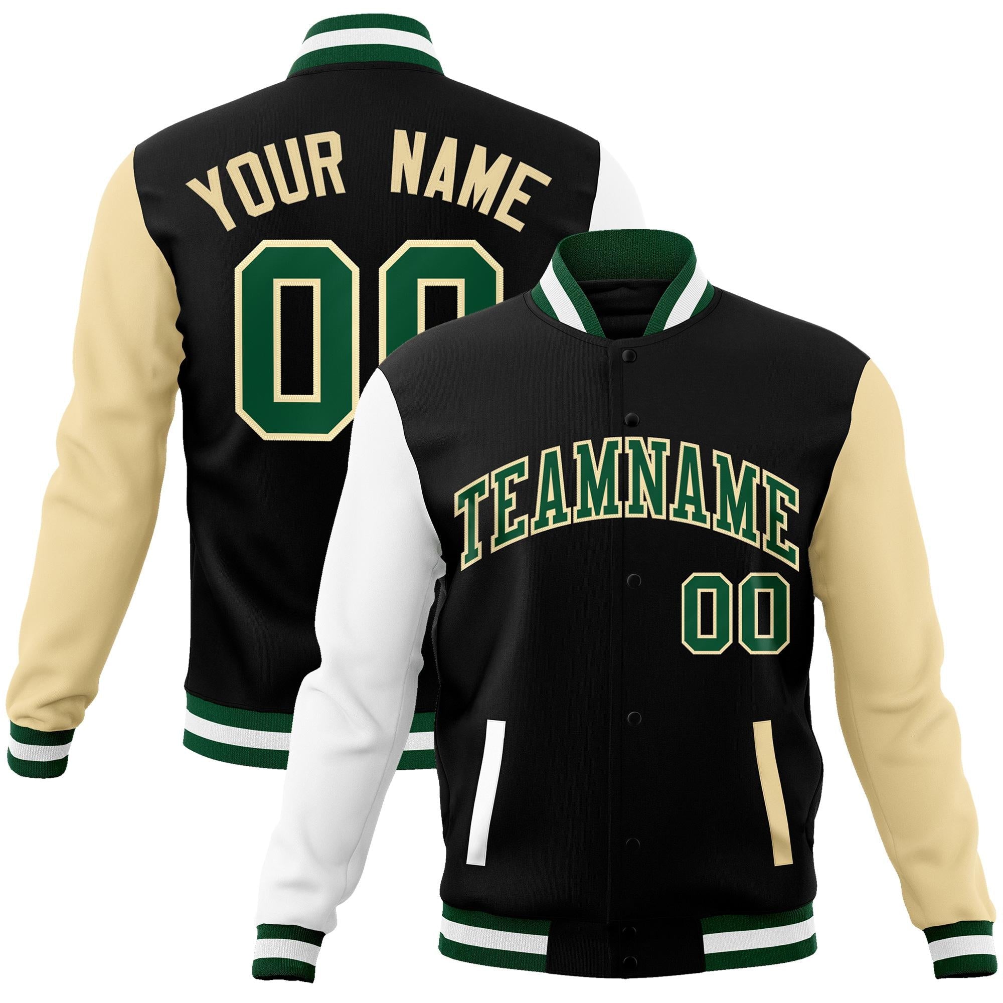 Custom Black Green-Khaki Raglan Sleeves Varsity Full-Snap Letterman Jacket