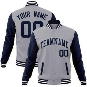 Custom Gray Navy Raglan Sleeves Varsity Full-Snap Letterman Jacket