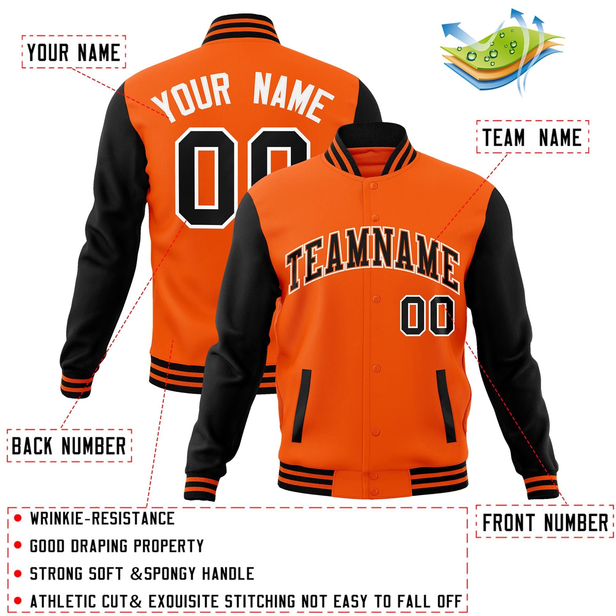 Custom Orange Black-Orange Raglan Sleeves Varsity Full-Snap Letterman Jacket