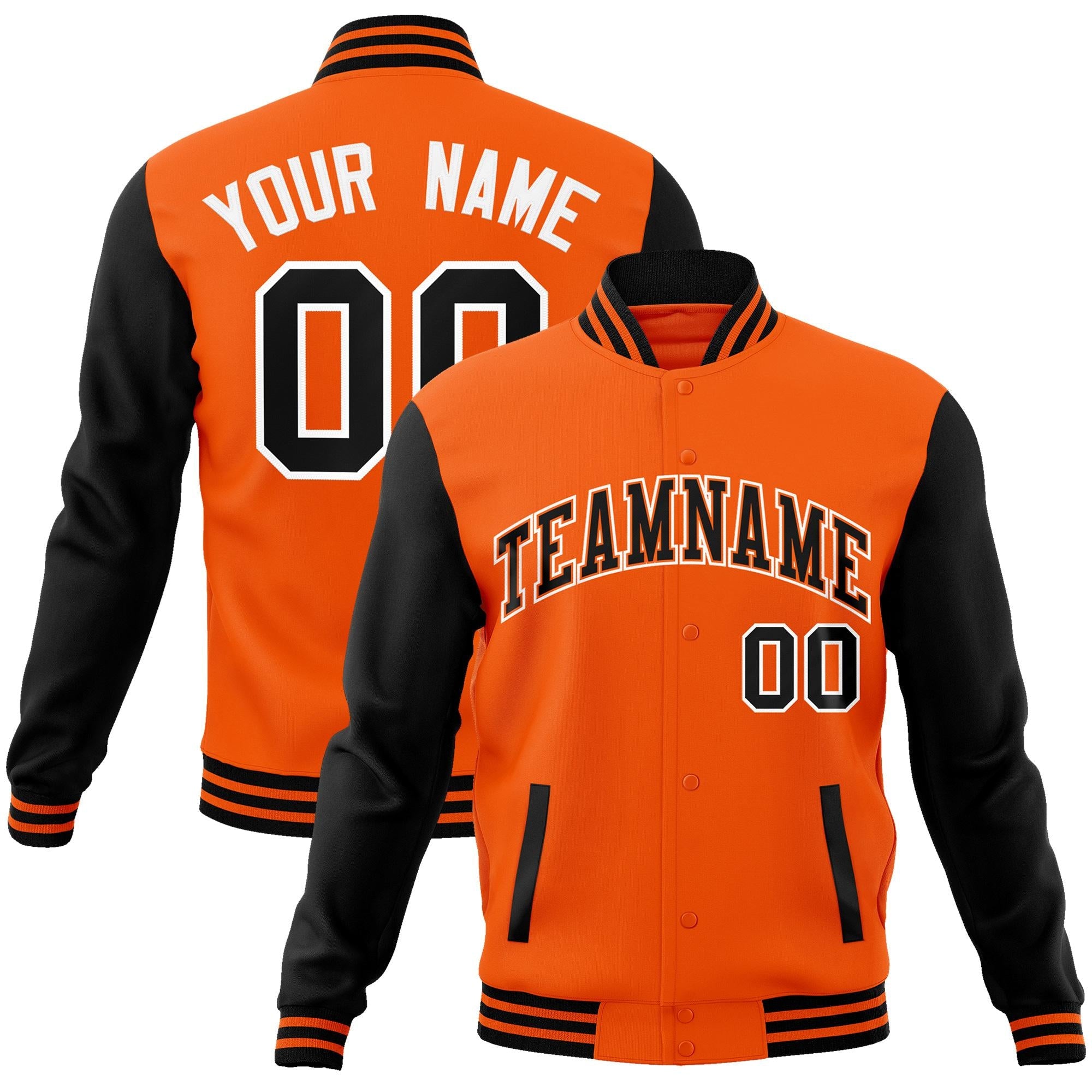 Custom Orange Black-Orange Raglan Sleeves Varsity Full-Snap Letterman Jacket