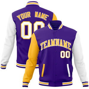 Veste Letterman Varsity Full-Snap à manches raglan personnalisées violet jaune-blanc