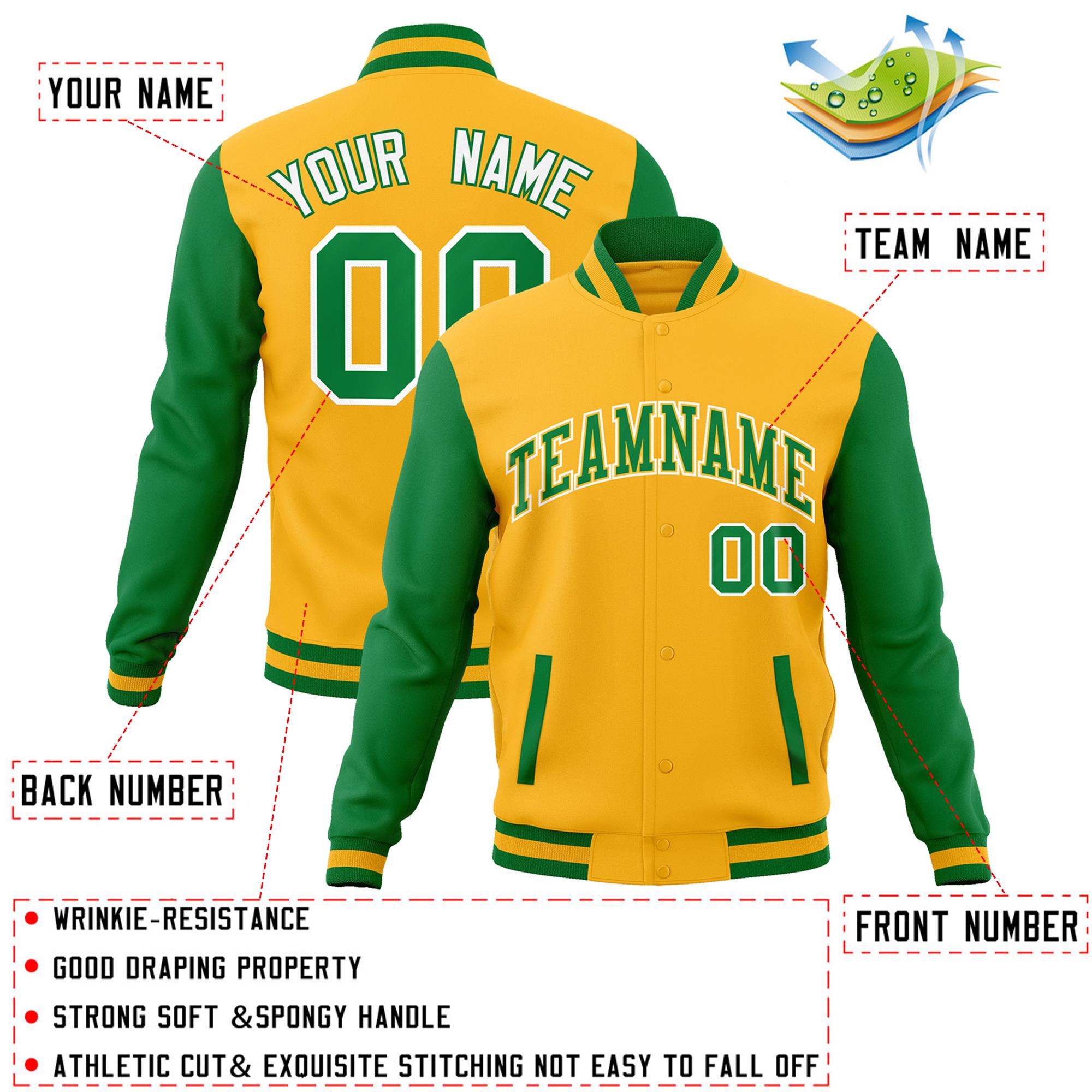 Veste Letterman Varsity Full-Snap à manches raglan jaune vert-jaune personnalisée