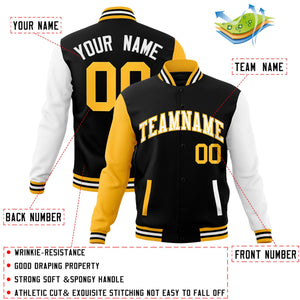 Veste Letterman Varsity Full-Snap personnalisée à manches raglan noir blanc-jaune